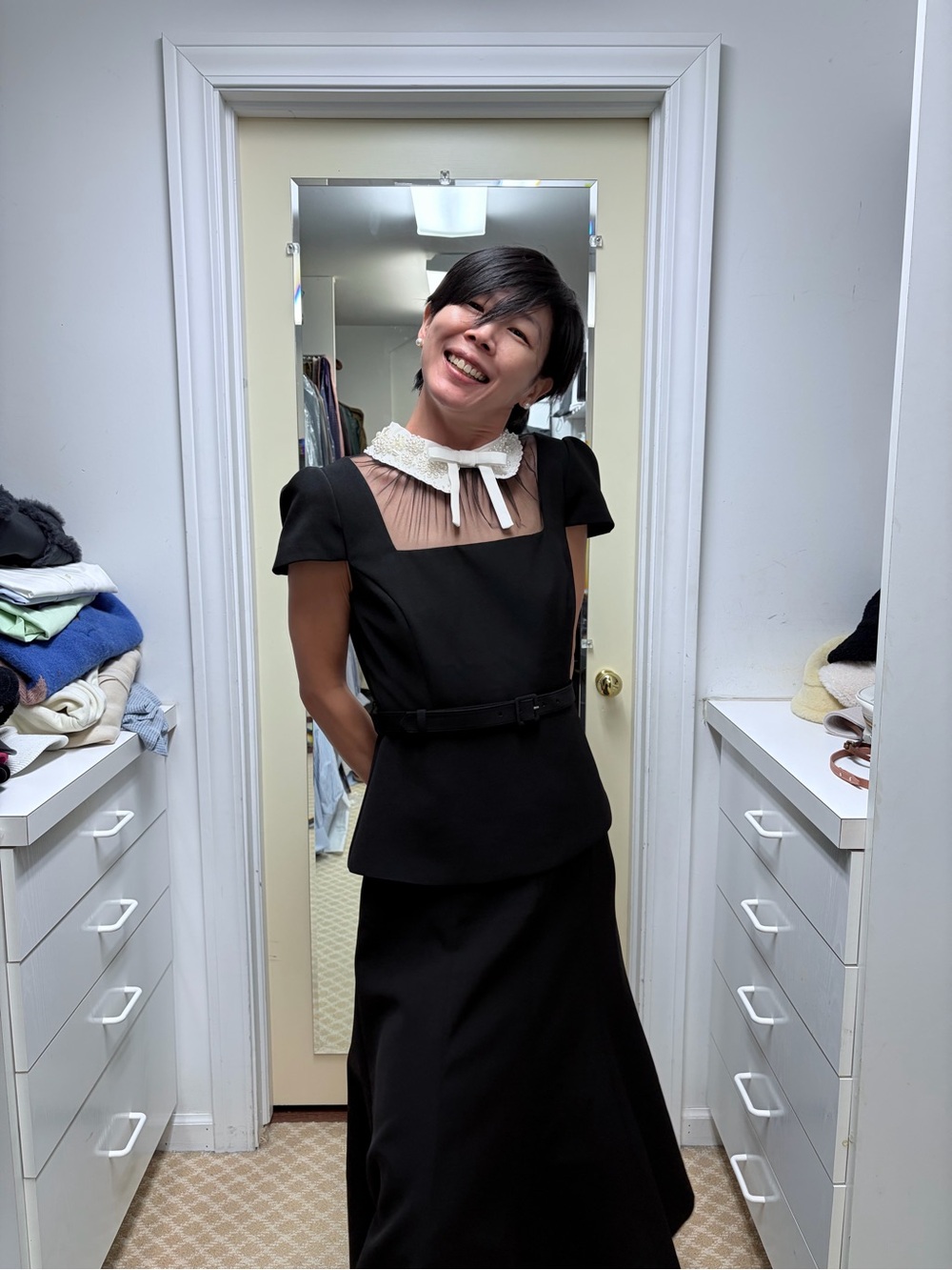 NWOT Self-Portrait Black Crepe Bow Collar Midi Dress, Size US 6